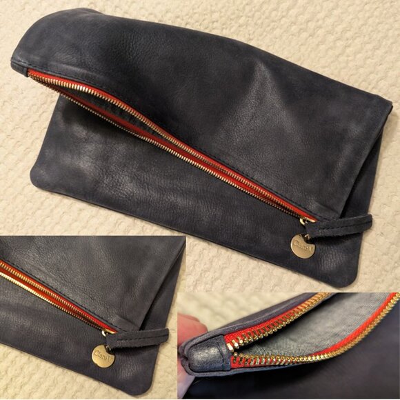 Clare V. Foldover Leather Clutch Navy Made in USA - Picture 6 of 10